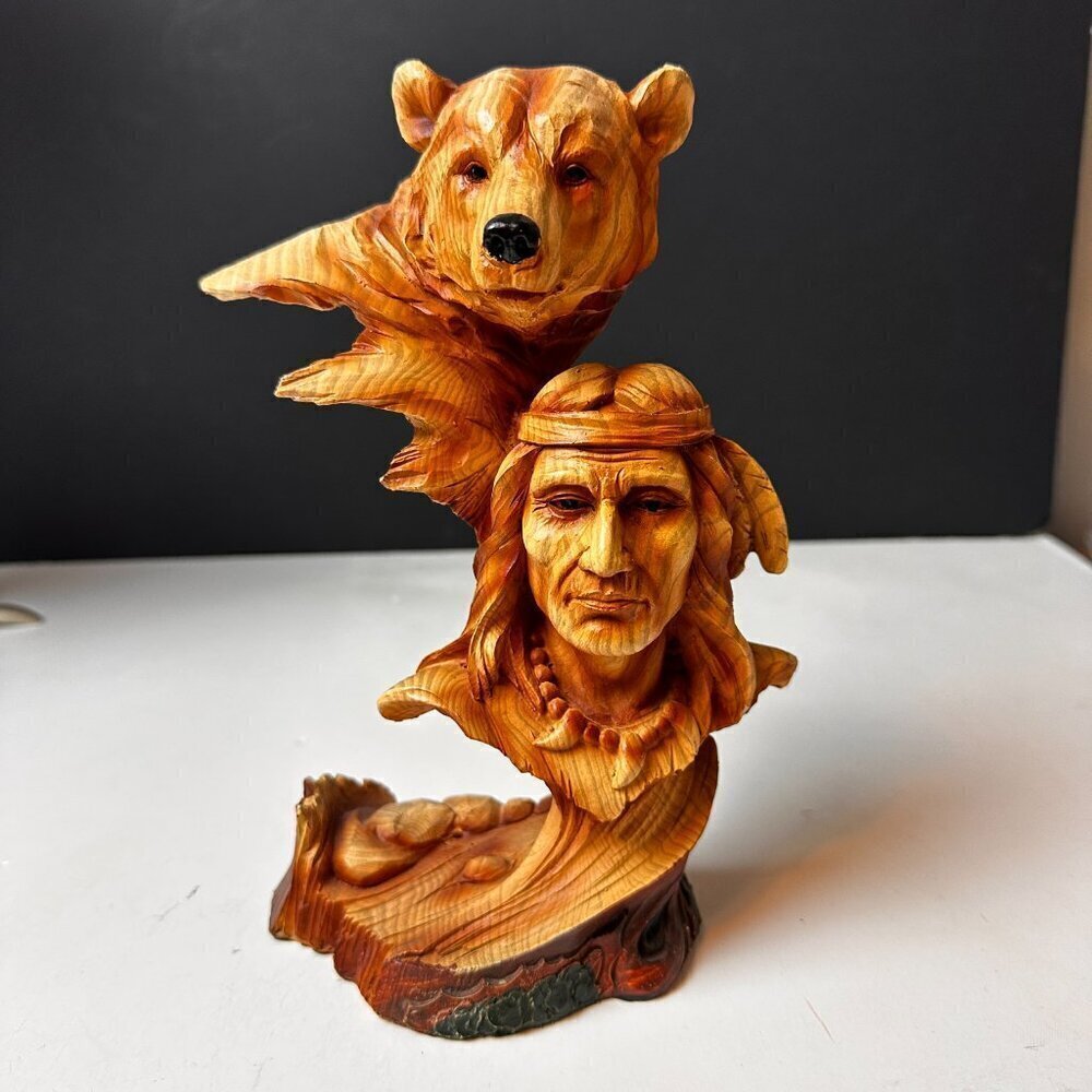 NATIVE AMERICAN INDIAN WARRIOR CHIEF WITH BLACK BEAR FAUX WOOD RESIN FIGURINE